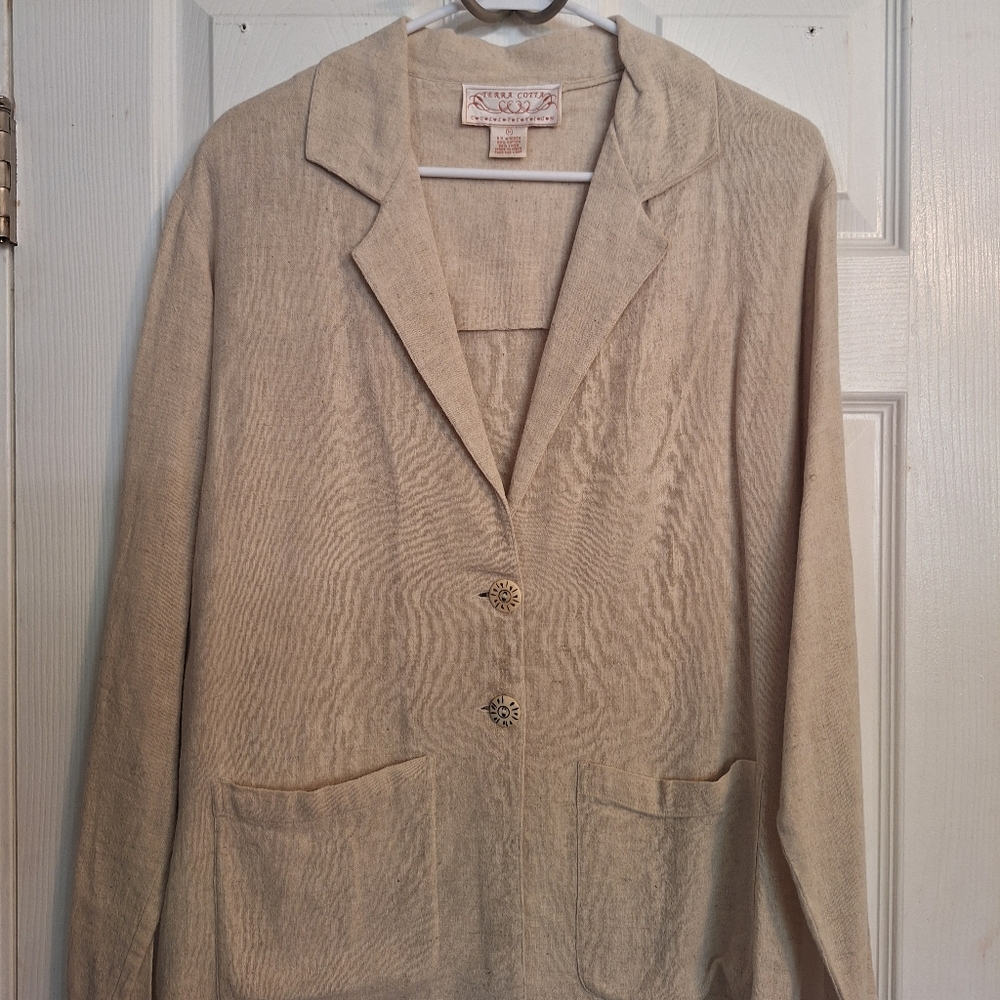 Beige Linen Blazer with Button Detail